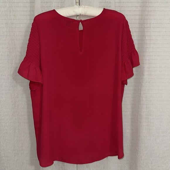 Ann Taylor L Fuchsia Pink Crew Back Button Keyhole Gathered Short Sleeve Blouse - Picture 2 of 7